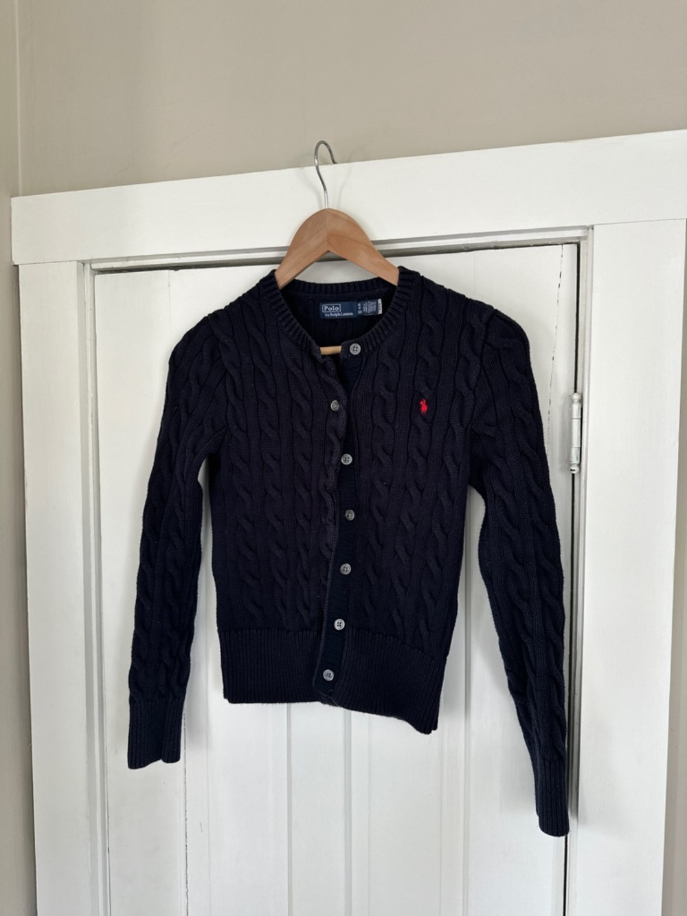 Polo by Ralph Lauren Cable-Knit Cotton Crewneck Cardigan in Hunter Navy - Picture 3 of 7
